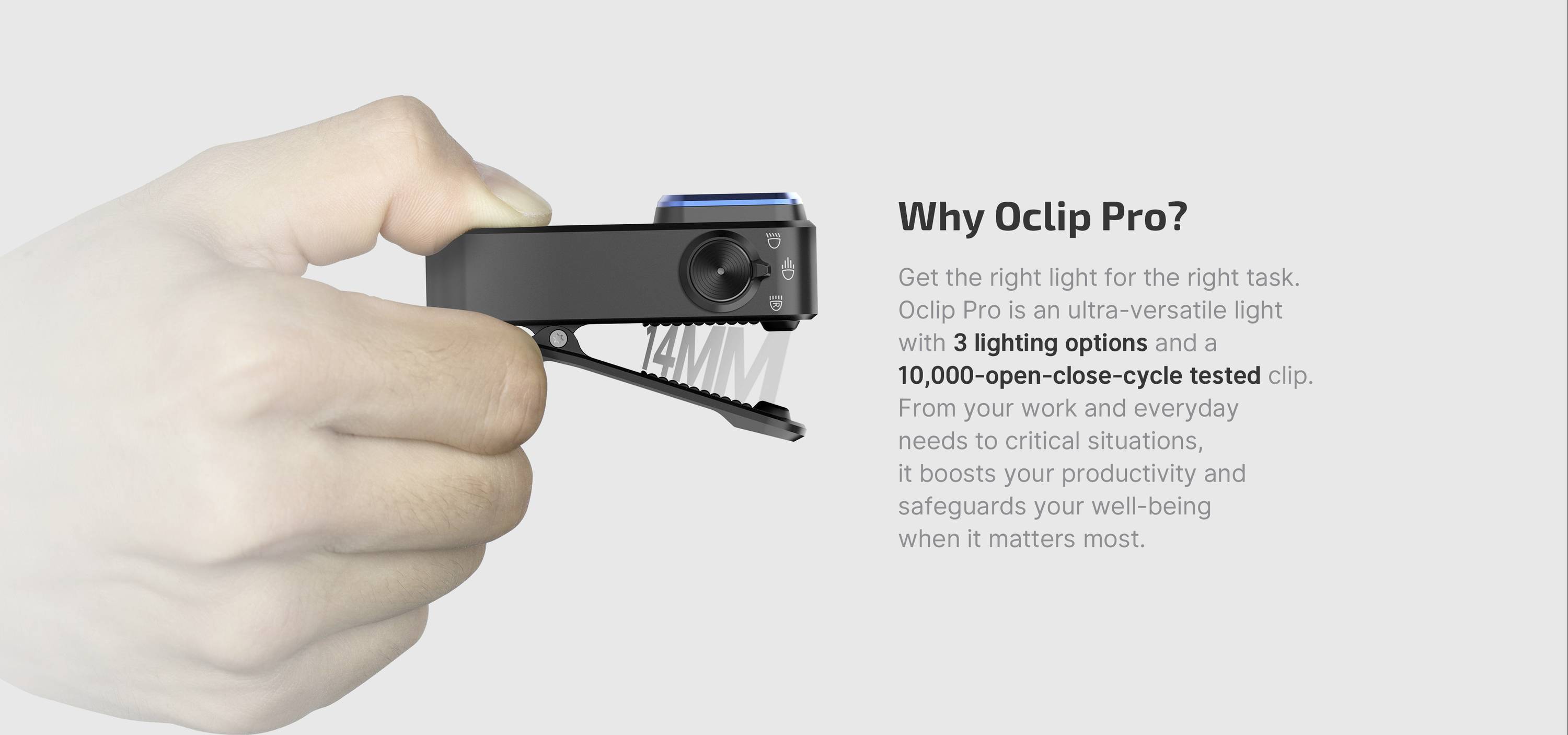 Une main tient une petite lampe avec pince. À côté de la lampe, on peut lire « Pourquoi OcClip Pro ? » avec des détails sur sa polyvalence et sa durabilité.