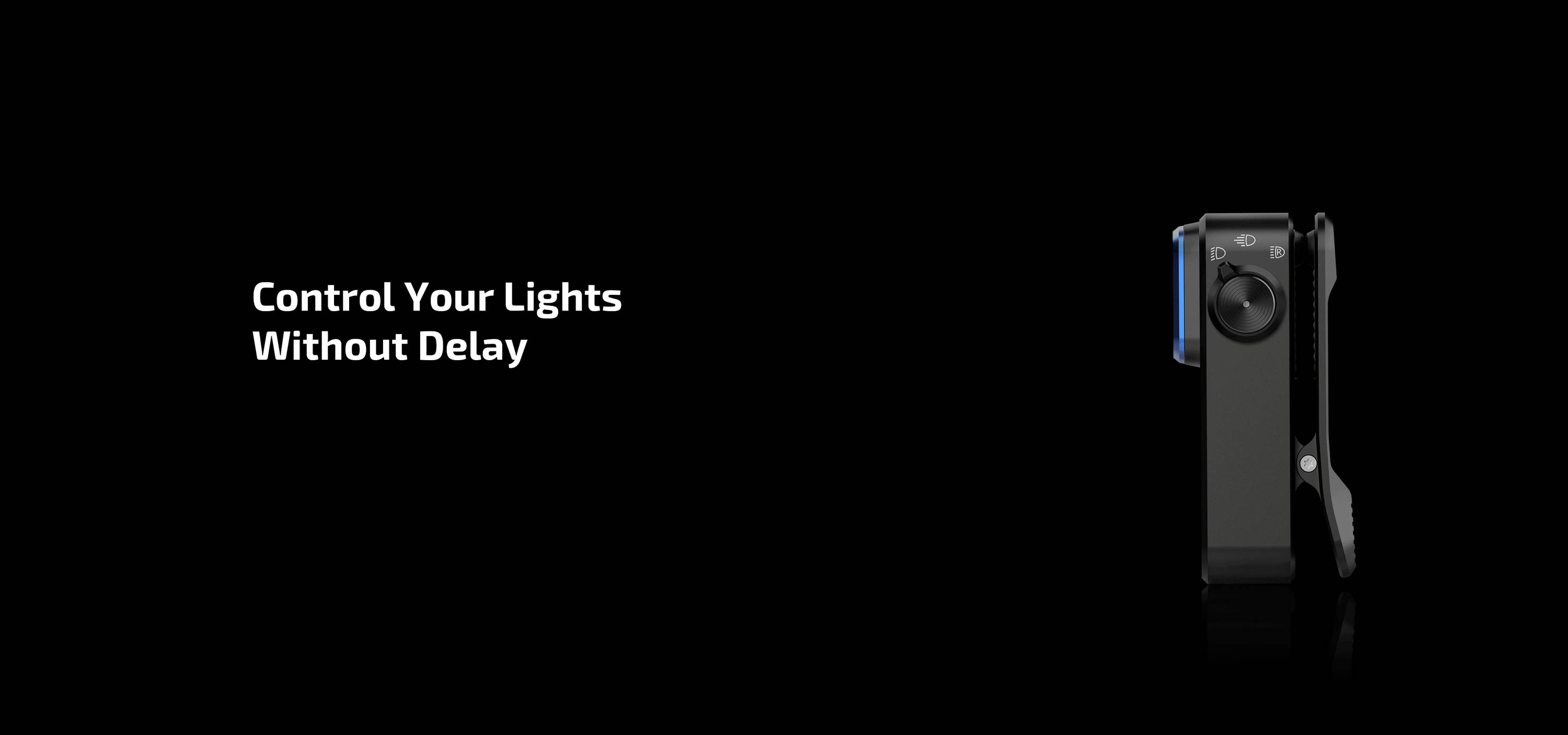 Fond noir avec un petit dispositif de commande d'éclairage moderne à droite et le texte : 'Contrôlez vos lumières sans délai'.