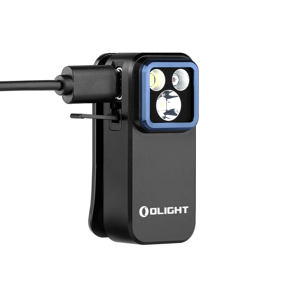 Lampe de poche LED portable noire d'Olight avec port de charge, deux lumières rondes et un boîtier rectangulaire robuste.