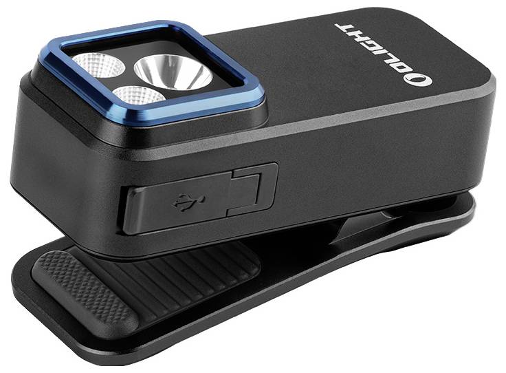 Lampe LED portable noire avec cadre bleu et port de chargement USB, fixée à un clip pour une utilisation flexible sur les vêtements ou les sacs à dos.