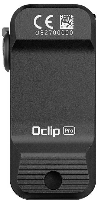 Clip noir portant l'inscription Oclip Pro et la mention CE en haut. Dispositif de fixation pour objets.