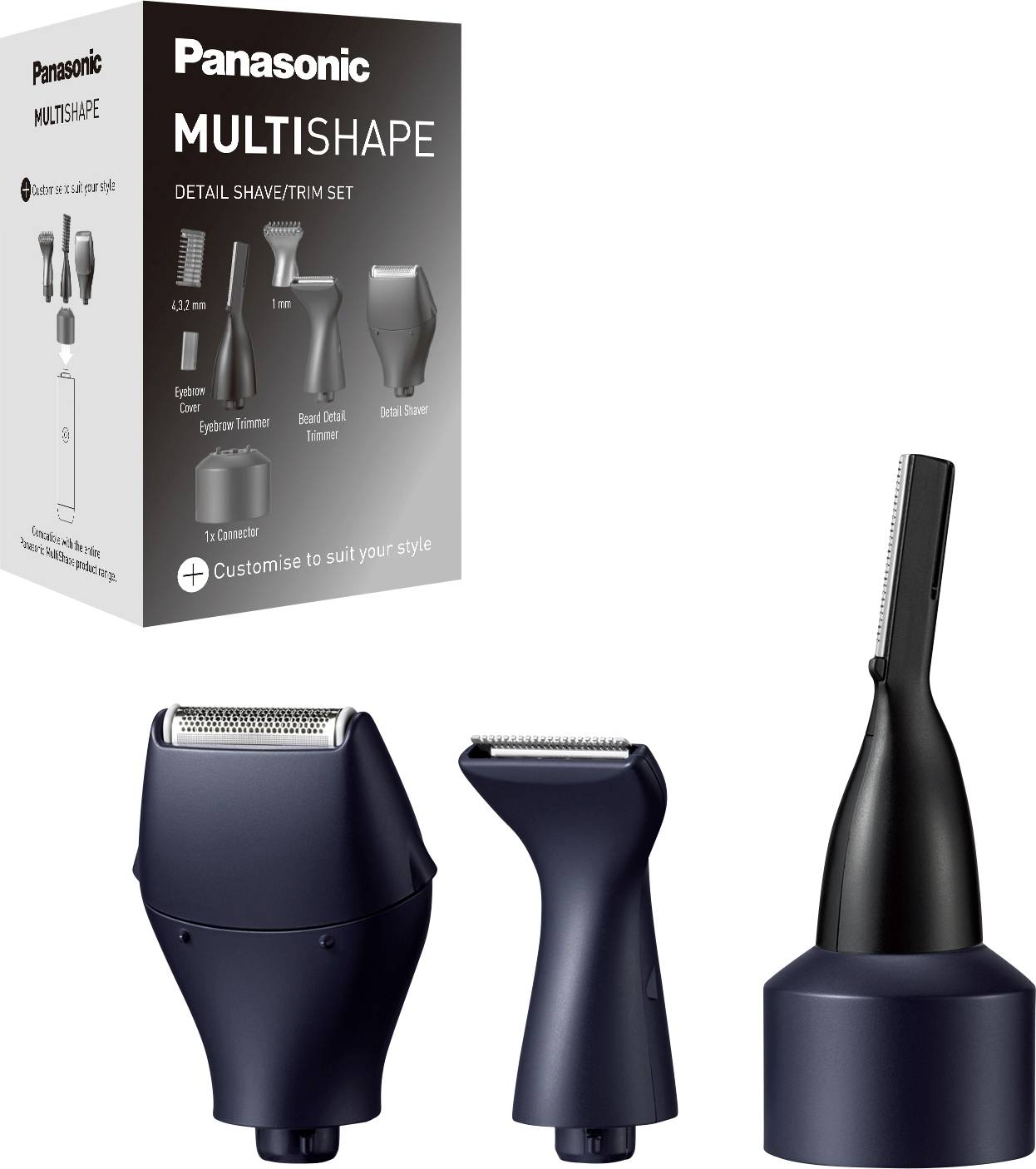Rasoir Panasonic Multishape avec trois embouts pour rasage de précision et taille, emballé dans son coffret. Les accessoires présentent différentes lames.