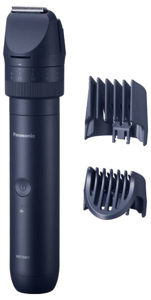 Tondeuse électrique noire de Panasonic avec deux embouts, adaptée aux rasages humides et secs.