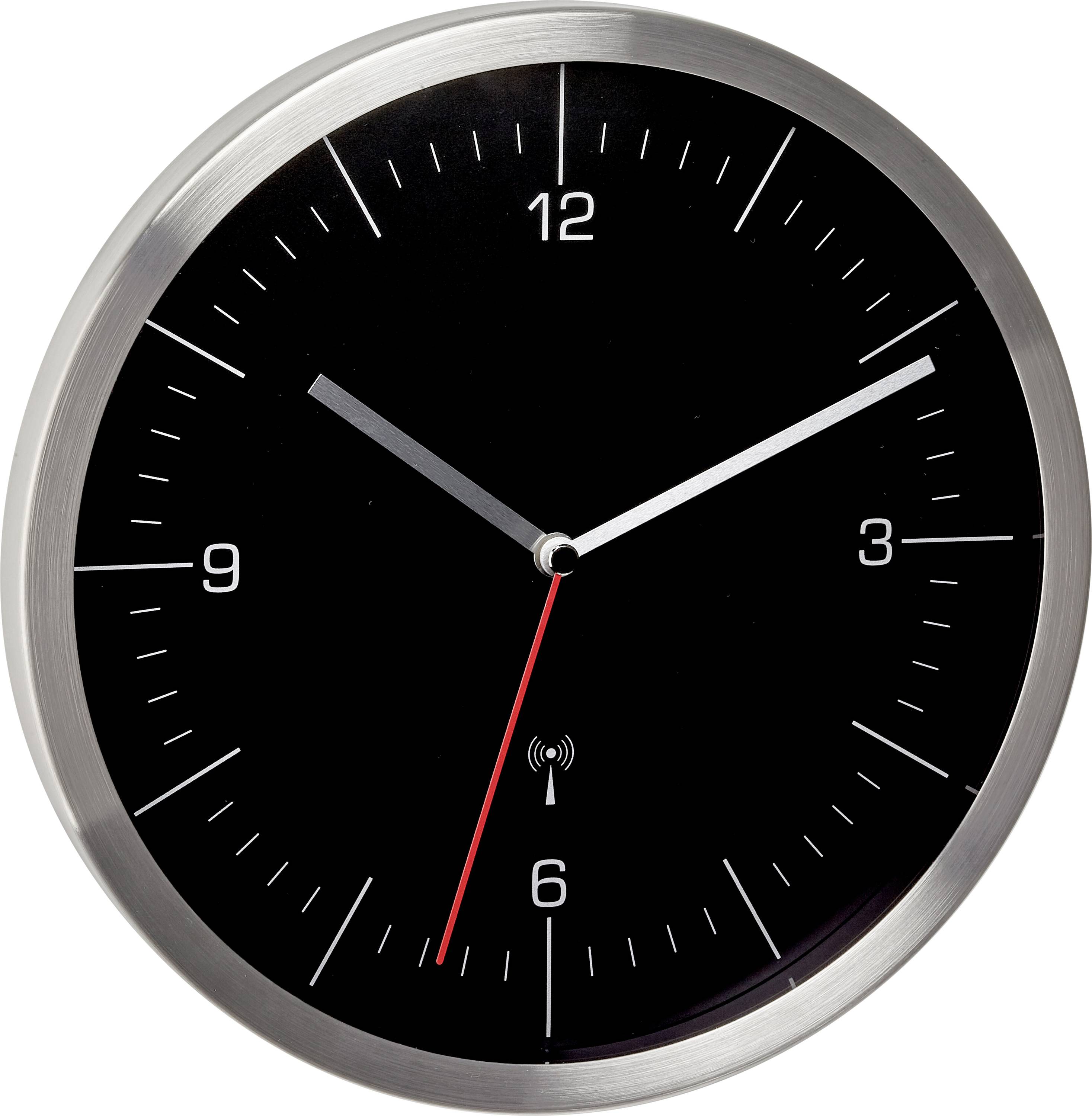 Grande horloge murale ronde avec un cadran noir, un cadre argenté, des aiguilles des heures blanches et un indicateur des secondes rouge, indiquant 10h09.