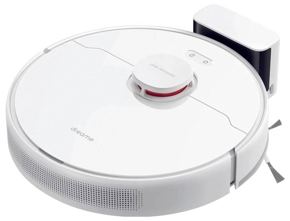Un robot aspirateur blanc de forme ronde avec sa station de charge. Il est équipé de capteurs sur sa surface supérieure.