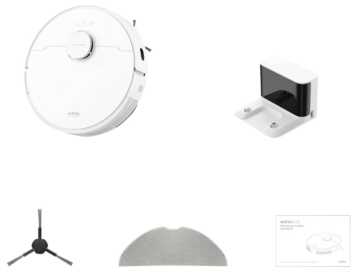 Un aspirateur robot blanc avec station de charge et accessoires tels qu'une brosse et un filtre. Emballage du produit en bas à droite.