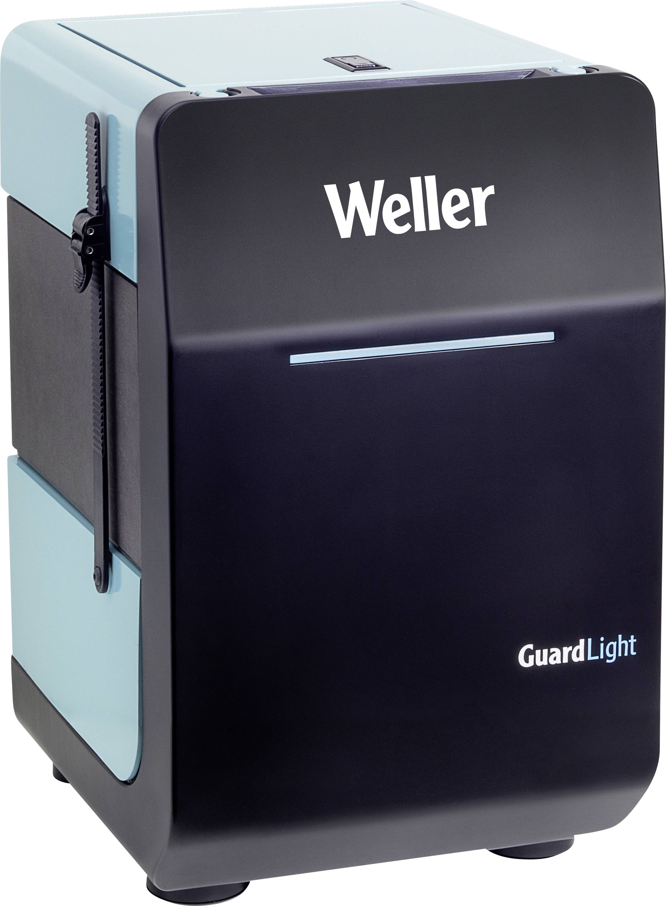 Un appareil bleu-noir portant l'inscription 'Weller GuardLight'. Il semble s'agir d'un appareil électronique ou technique compact.