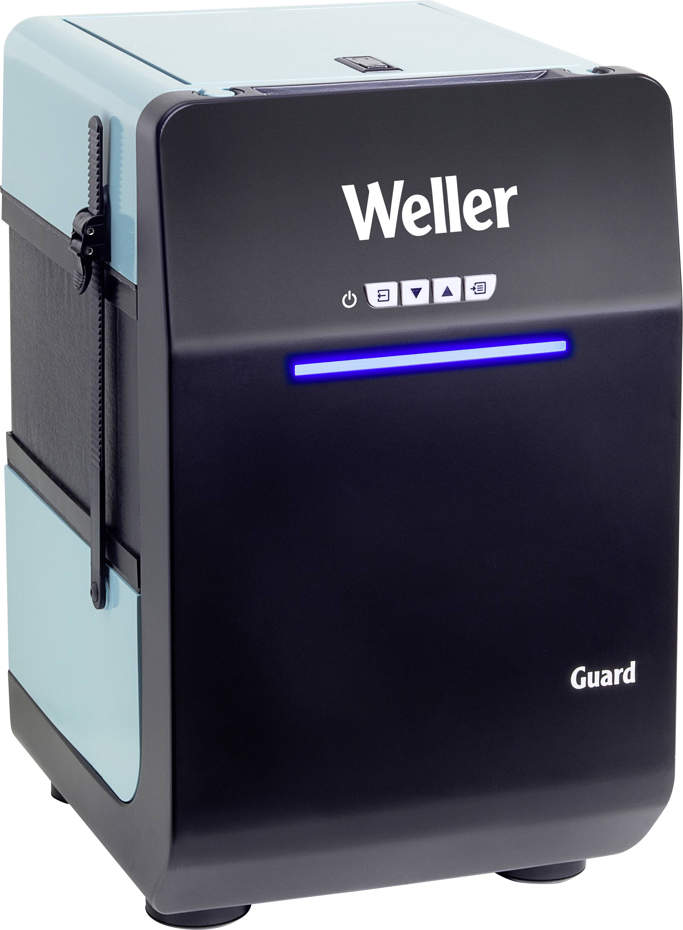Un purificateur d'air Weller compact bleu-noir portant l'inscription 'Guard', adapté pour une utilisation dans les ateliers électroniques.