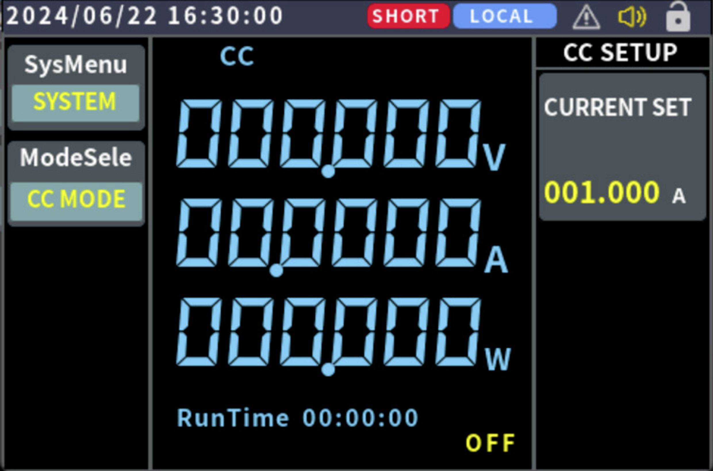 Image d'un affichage numérique avec des chiffres bleus et plusieurs champs de données : tension, courant et puissance. Le temps de fonctionnement indique 0. En haut : date 2024/06/22 et heure 16:30:00.
