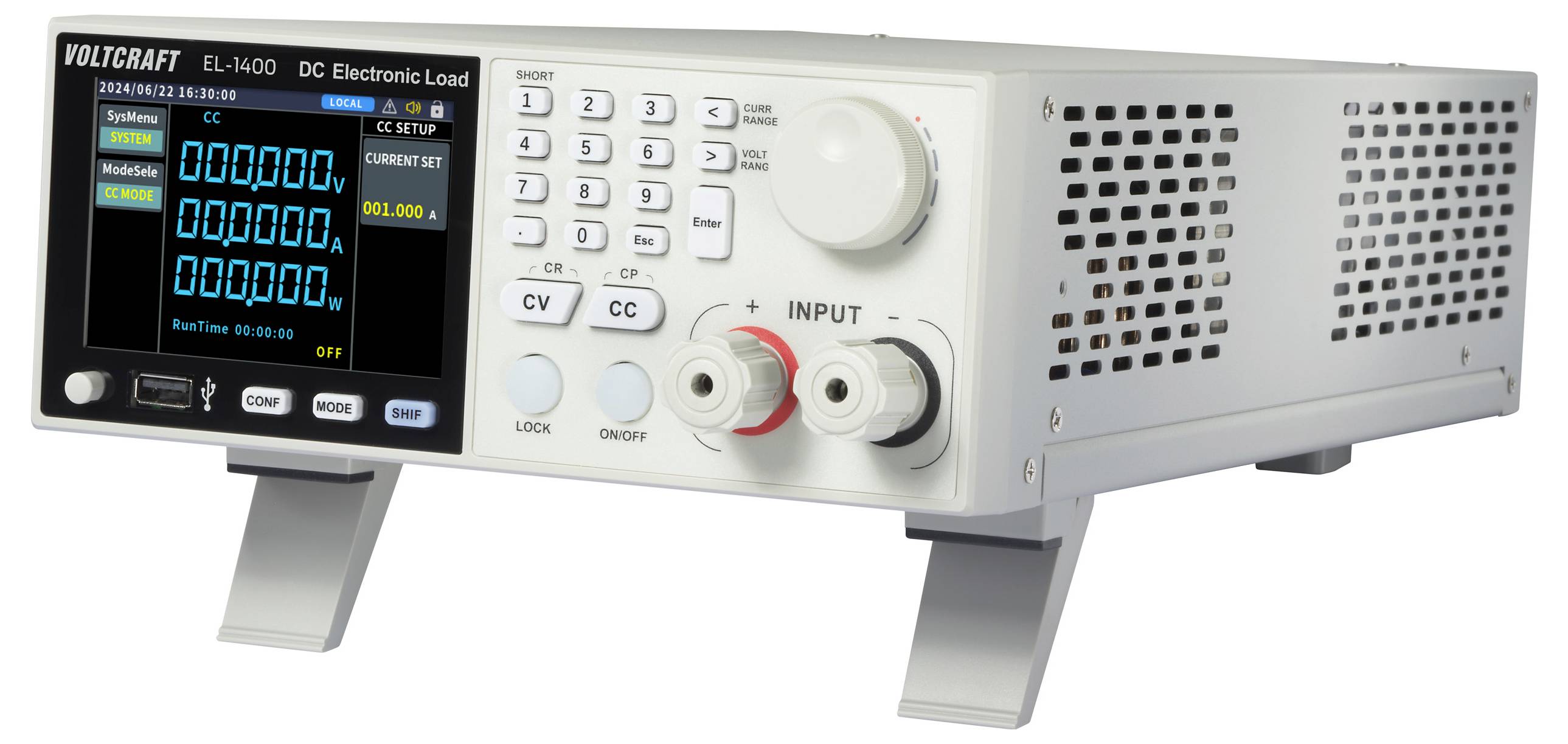 Un dispositif électronique de charge doté d'un affichage numérique présente différents réglages et valeurs mesurées, tels que la tension et l'intensité du courant.