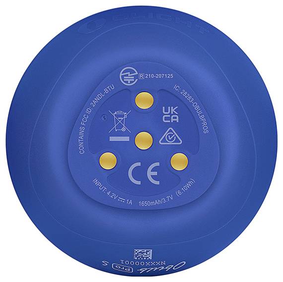 Fond rond bleu d'un emballage d'appareil électronique avec les marquages CE et UKCA, des spécifications techniques et plusieurs symboles.