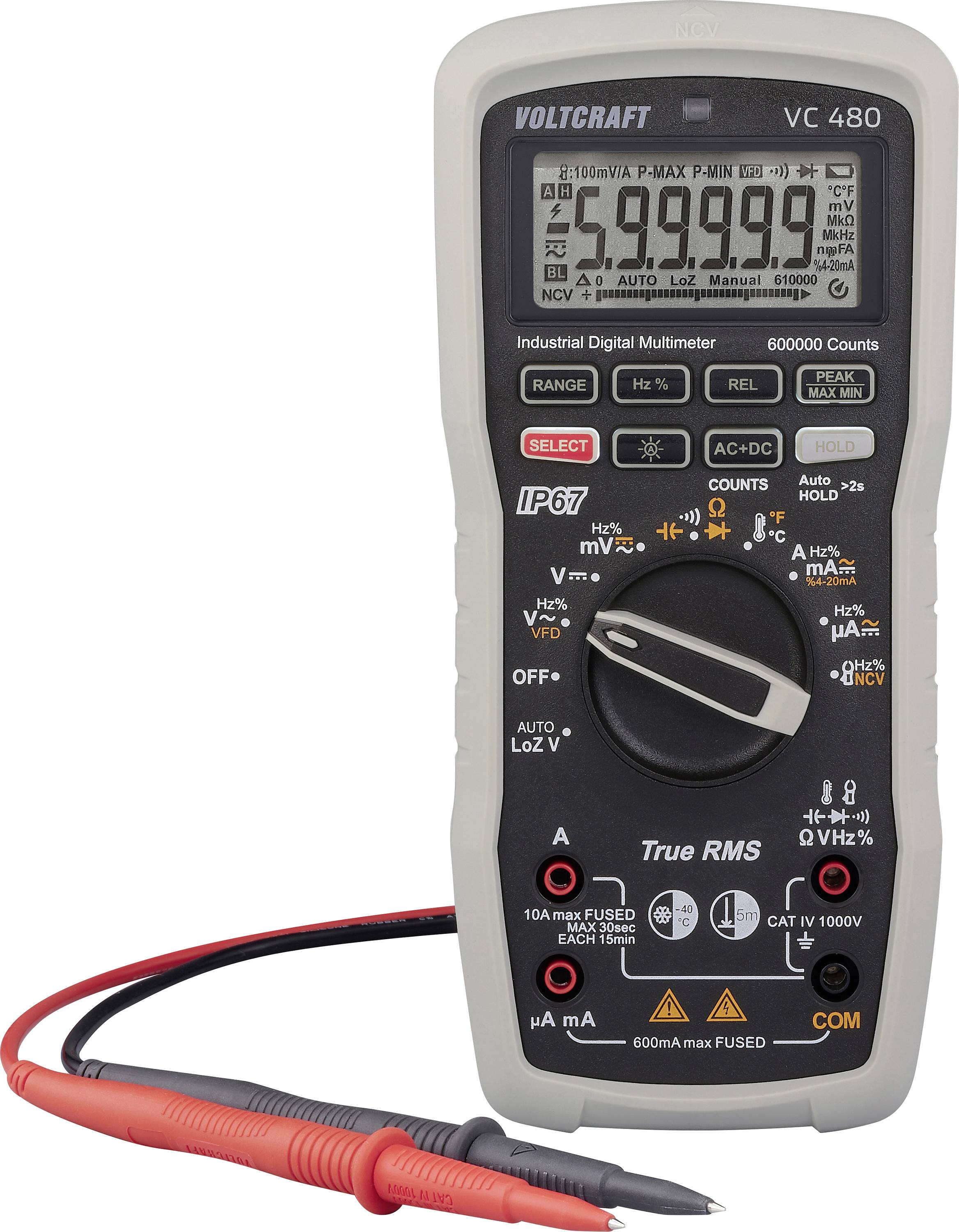 Un multimètre numérique avec un affichage indiquant '5,9999'. Il possède plusieurs modes de mesure, un commutateur rotatif, et des sondes de test rouges et noires.