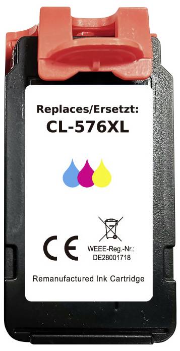 Cartouche d'encre étiquetée « Remplace/Ersetzt : CL-576XL » avec des symboles de couleur et des logos de certification.