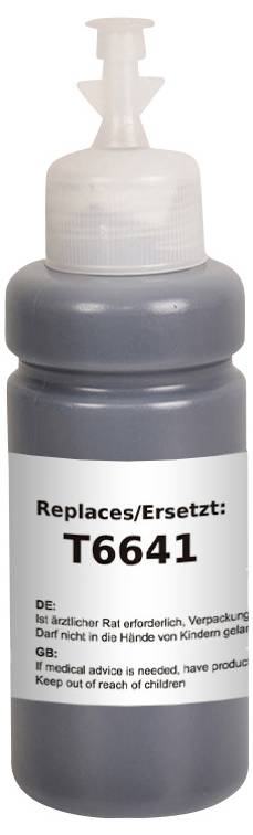 Une bouteille étiquetée 'T6641' avec des instructions en allemand et en anglais, « Tenir hors de portée des enfants » et « En cas de besoin de conseils médicaux, avoir le récipient ou l'étiquette du produit à portée de main. »