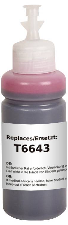 Une bouteille avec un bec verseur étiqueté « Replaces/Ersetzt : T6643 ». Des avertissements en allemand et en anglais indiquent de garder hors de portée des enfants.