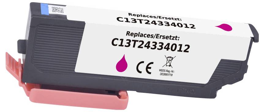 Cartouche d'encre magenta étiquetée 'Remplace/Ersetzt : C13T24334012' avec symboles de certification.