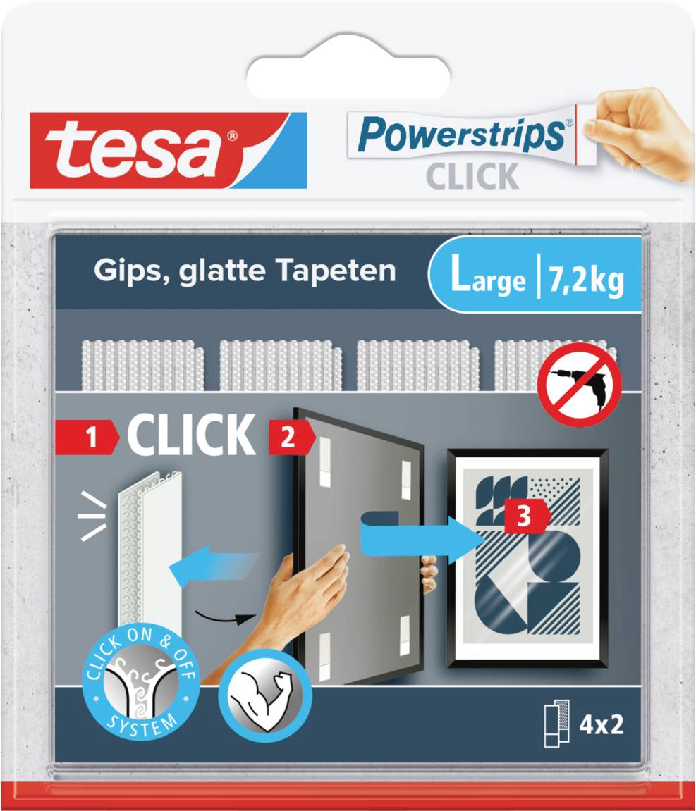 'Emballage des tesa Powerstrips CLICK, taille Large, pour surfaces lisses jusqu'à 7,2 kg. Instructions : 1. Fixer la bande, 2. Appuyer sur le crochet, 3. Suspendre l'objet.'