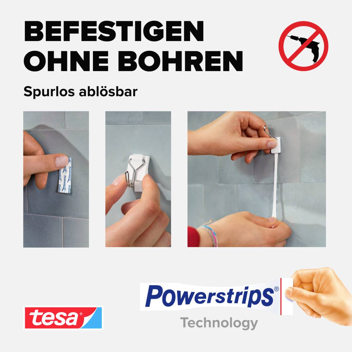 'Fixation sans perçage' : Trois images montrent des mains qui fixent des PowerStrips sur des carreaux. Aucun symbole de perceuse. Logo Tesa en bas à gauche.