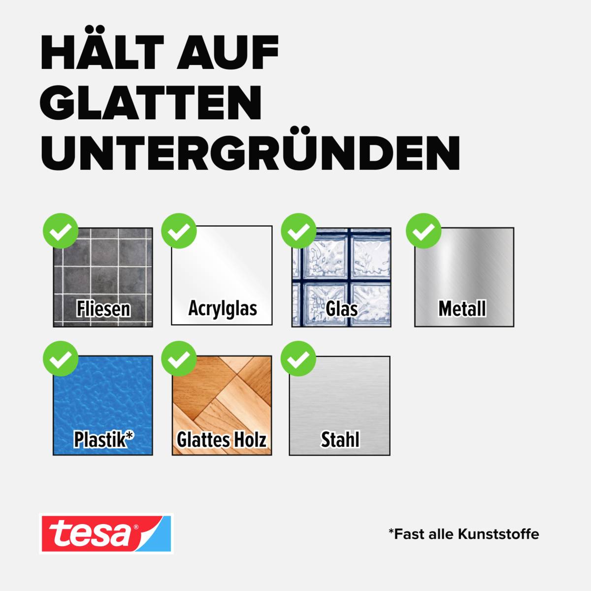 L'image montre 'Tient sur surfaces lisses' avec des illustrations et des coches pour carrelage, plexiglas, verre, métal, plastique, bois lisse, acier. Nom de marque 'tesa' dans la partie inférieure.