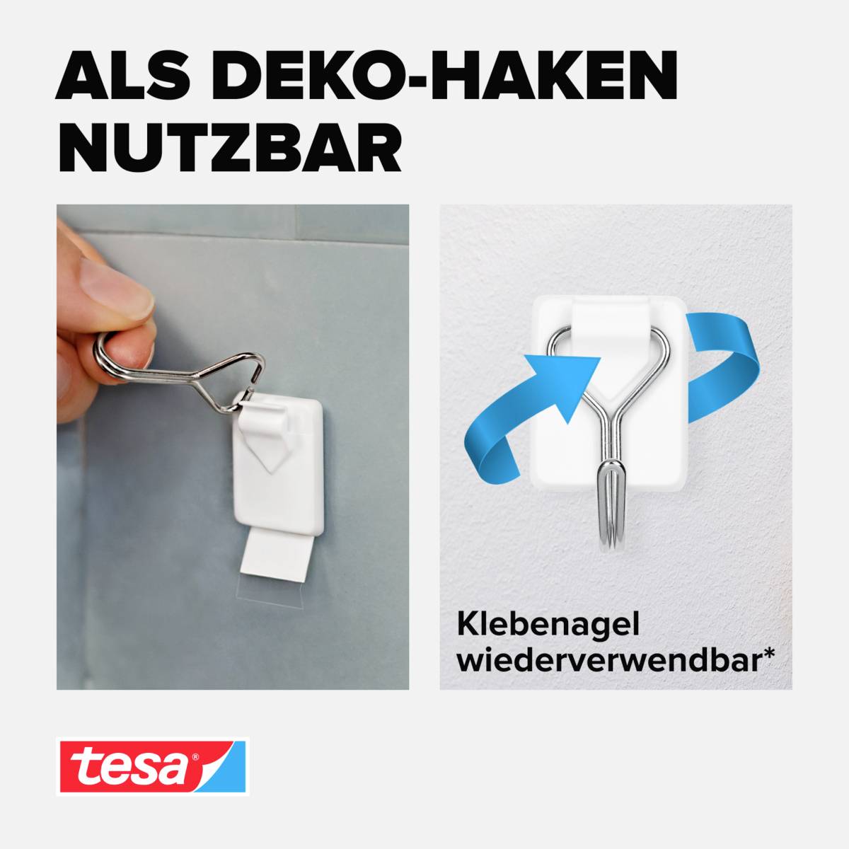 « Utilisable comme crochet décoratif. » L'image montre une main fixant un crochet métallique sur un clou adhésif réutilisable. Logo Tesa en bas.