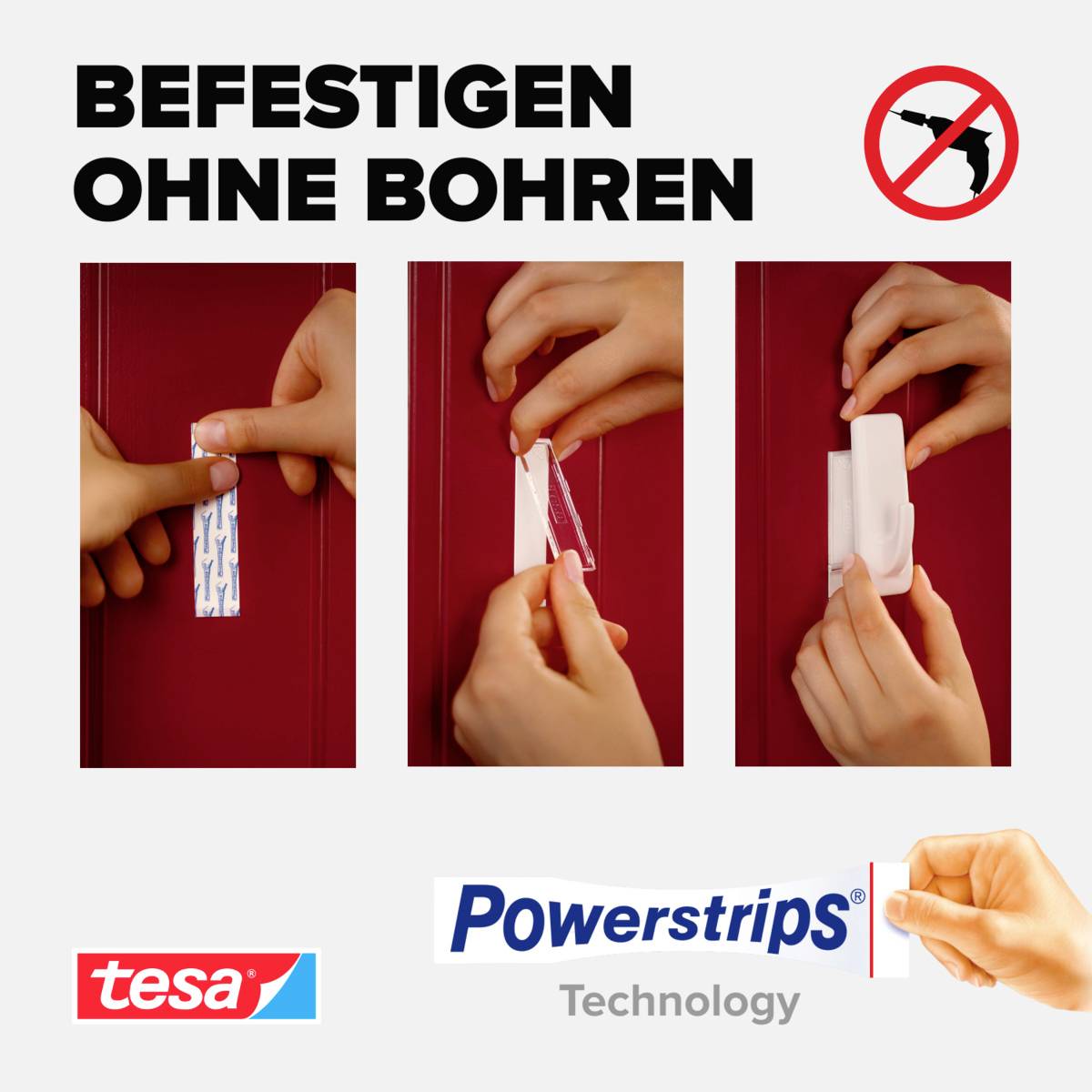 Trois images montrent les étapes de fixation avec les tesa Powerstrips sans percer. Un symbole indique qu'il est interdit de percer.