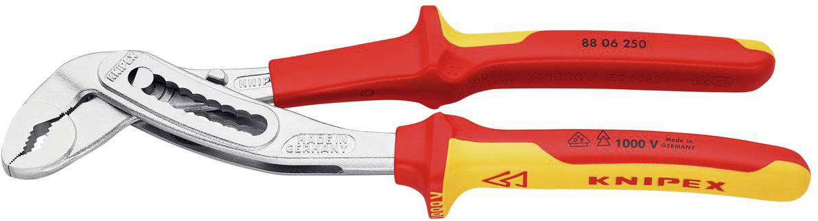 Deux pinces rouges avec des poignées isolées, marquées 'Knipex', adaptées pour des travaux jusqu'à 1000 volts, disposées côte à côte.