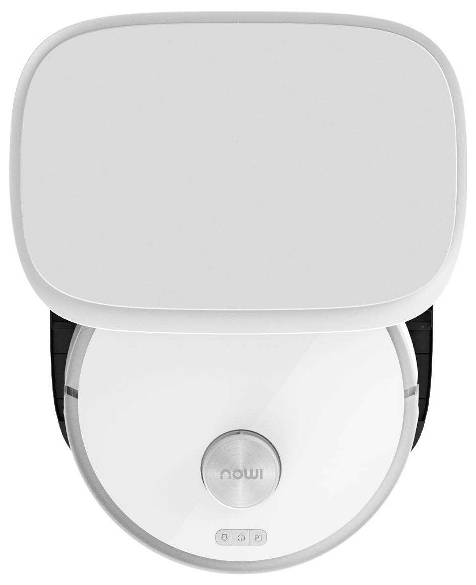 Un robot aspirateur blanc avec un dessus rectangulaire.