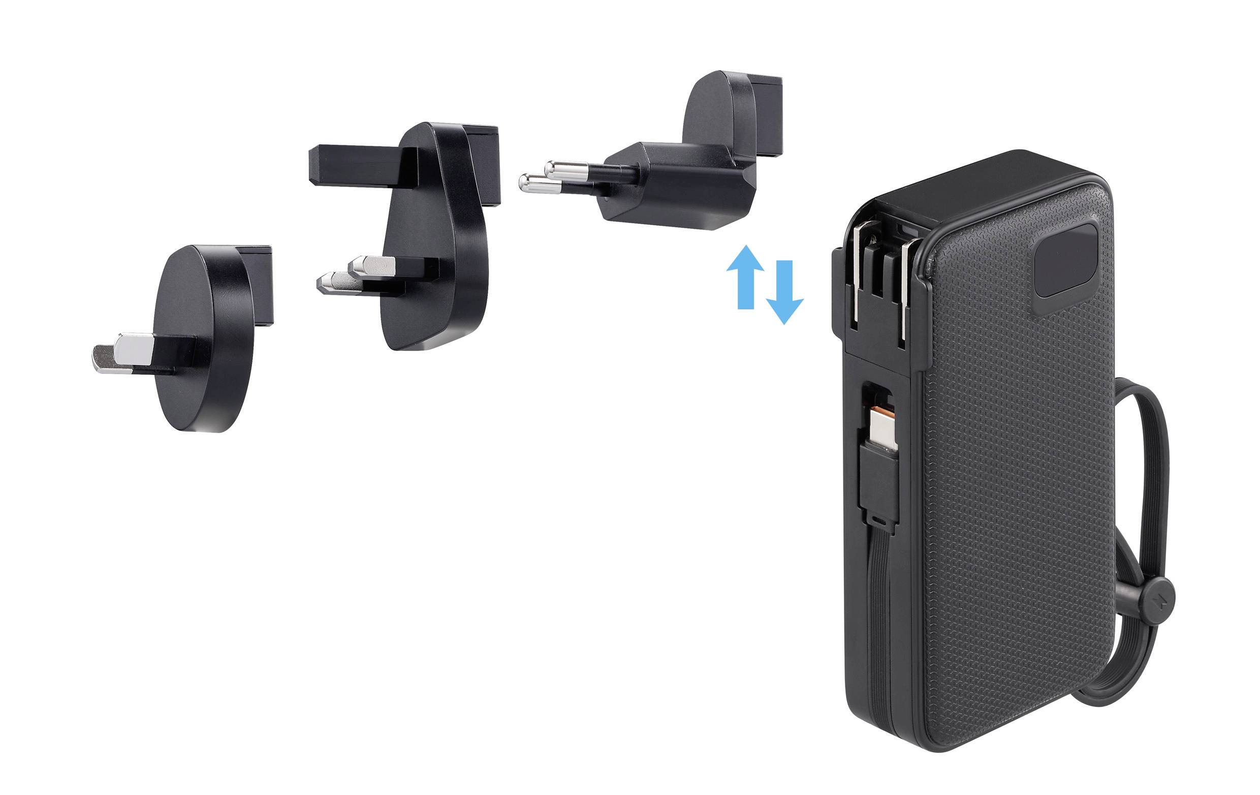 'Adaptateur de voyage noir avec fiches interchangeables pour le Royaume-Uni, l'UE et les États-Unis. L'adaptateur dispose d'un emplacement pour carte SD et d'un câble intégré.'