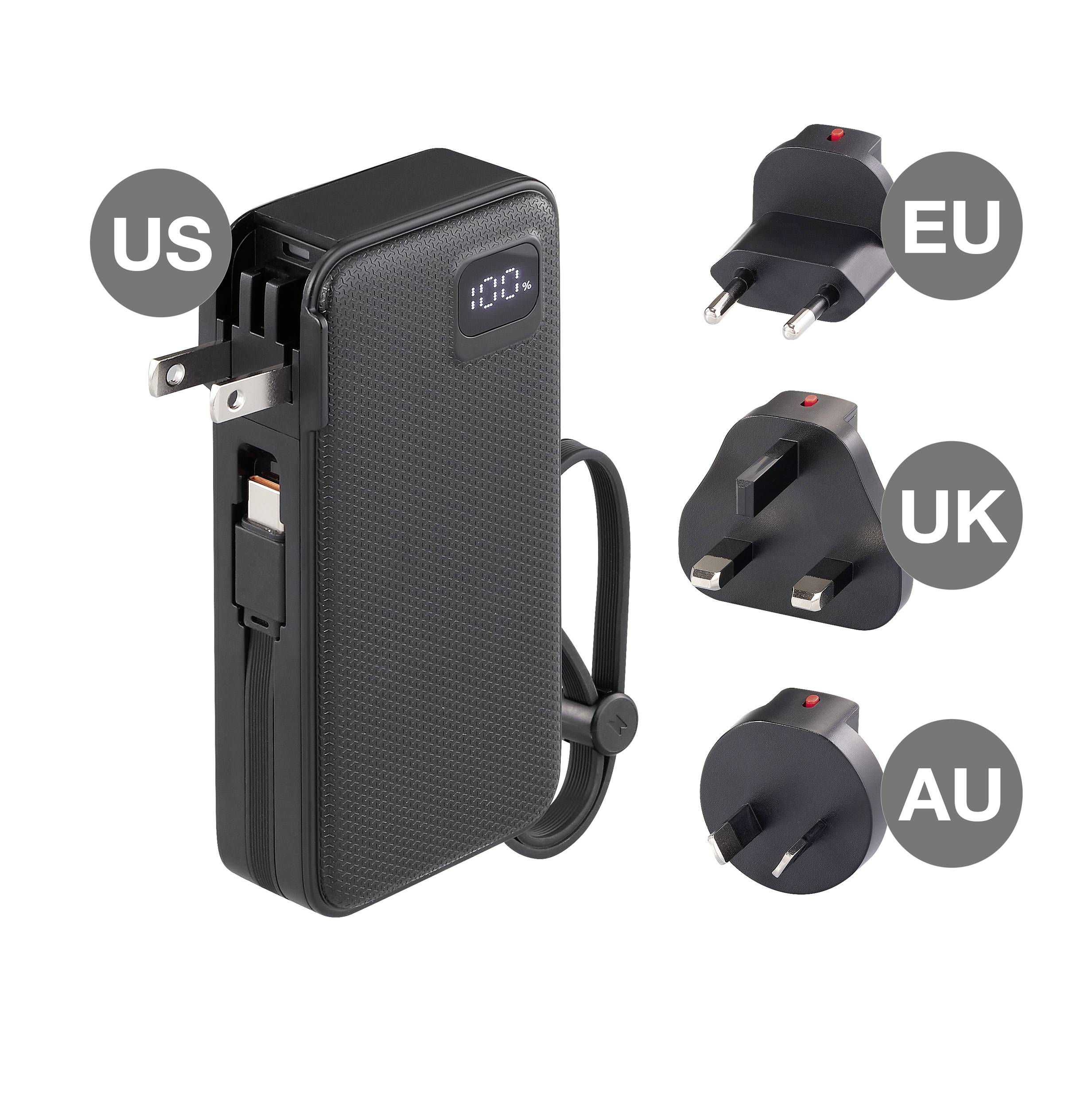 Batterie externe avec affichage numérique et fiches interchangeables pour États-Unis, UE, Royaume-Uni et Australie. Idéale pour les voyages internationaux.