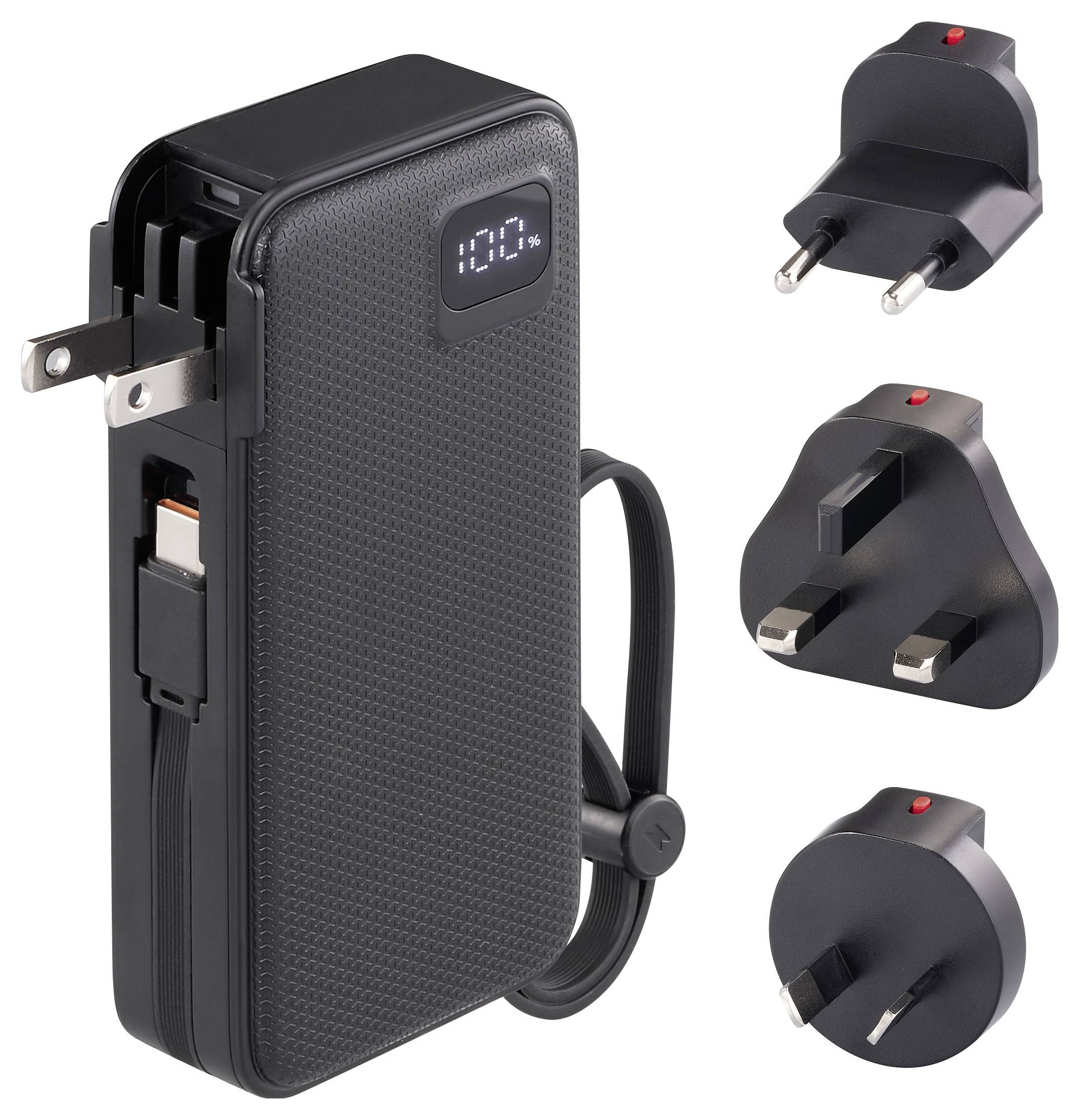 Chargeur portable avec affichage numérique, indiquant 100%. Comprend des fiches interchangeables pour les États-Unis, l'Europe, le Royaume-Uni et l'Australie.