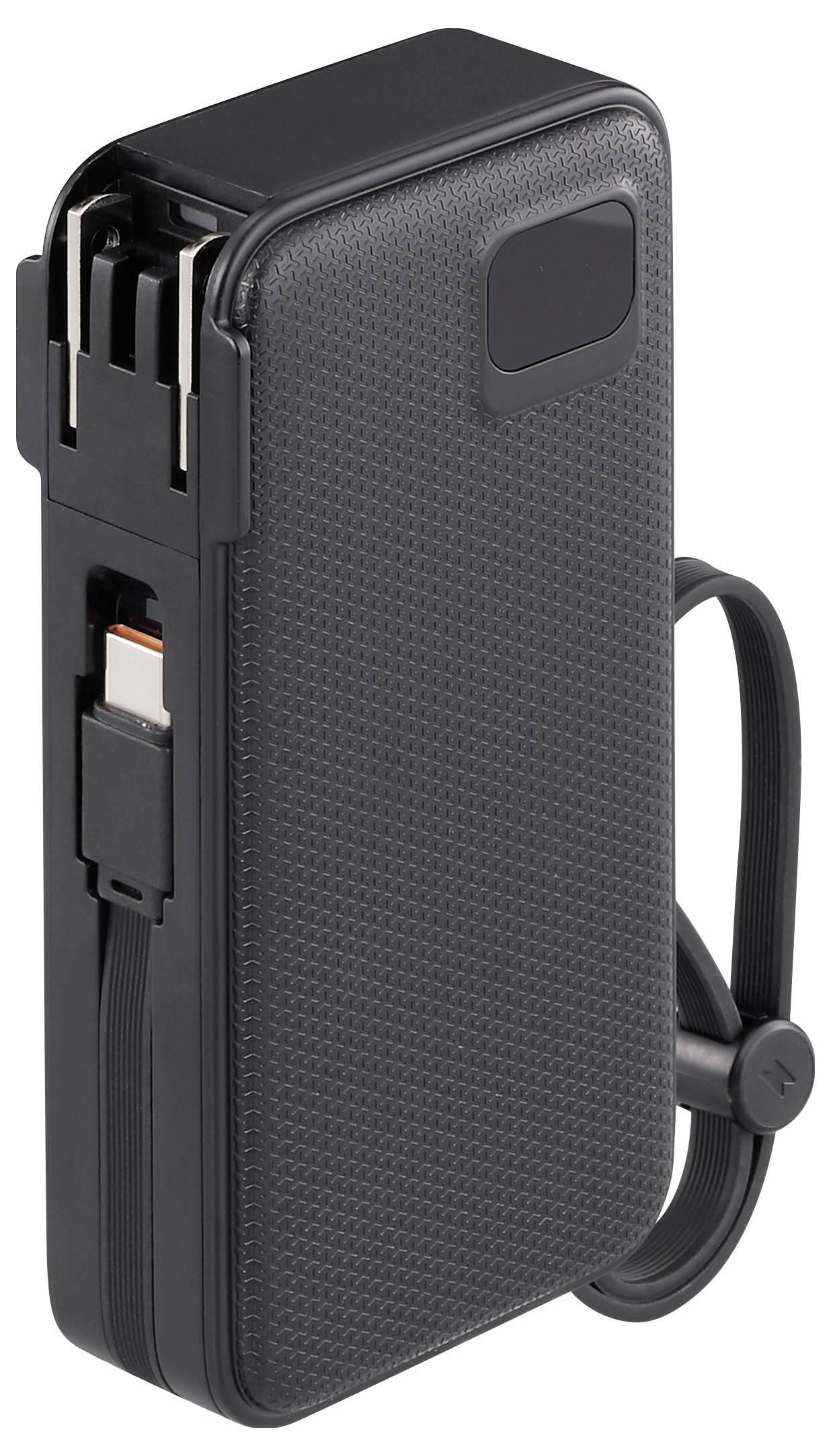 Batterie externe noire avec câbles et fiches intégrés. Adaptée pour charger des appareils en déplacement. Design compact et portable.