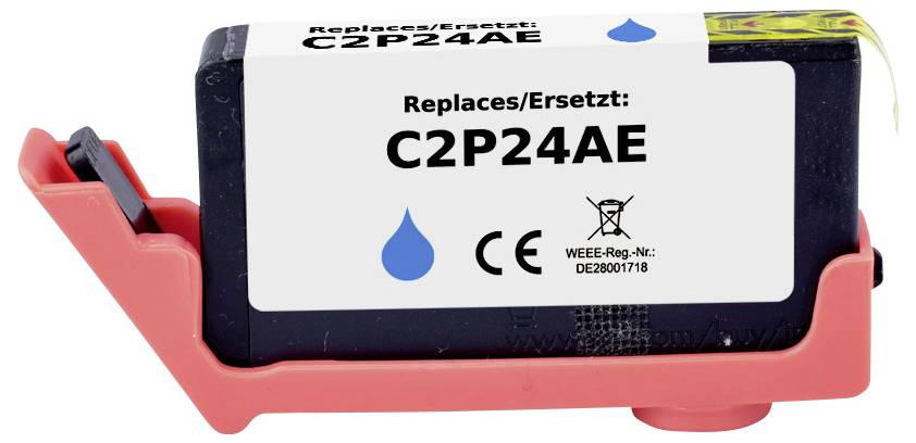 Cartouche d'encre pour imprimante étiquetée « Remplace/Ersetzt : C2P24AE » avec une icône de goutte bleue, placée dans un support en plastique rouge.