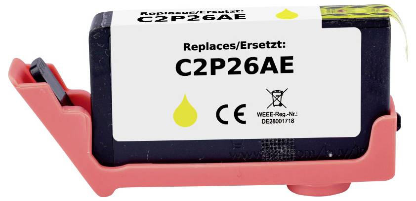 Image d'une cartouche d'encre imprimante étiquetée « Remplace/Ersetzt : C2P26AE » avec un symbole de goutte jaune, montée sur un support rouge.