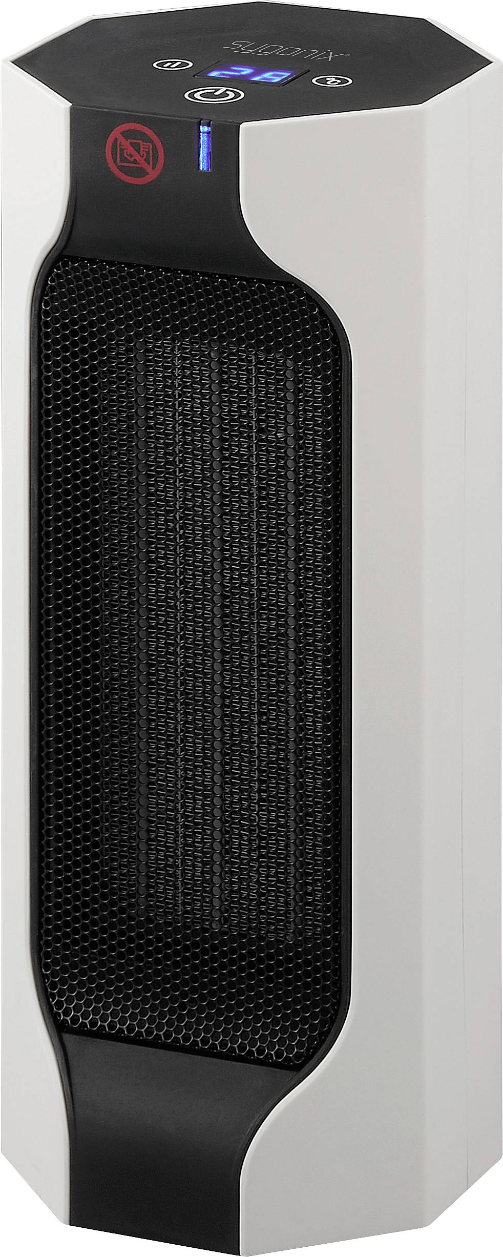 Radiateur électrique fin et moderne avec affichage numérique et commandes sur le dessus, adapté aux petits espaces.