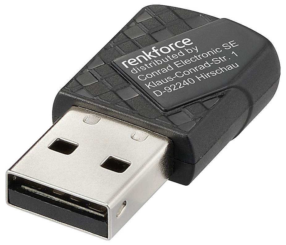Clé USB avec boîtier noir et logo 'renkforce', distribuée par Conrad Electronic SE, adresse imprimée sur le boîtier.