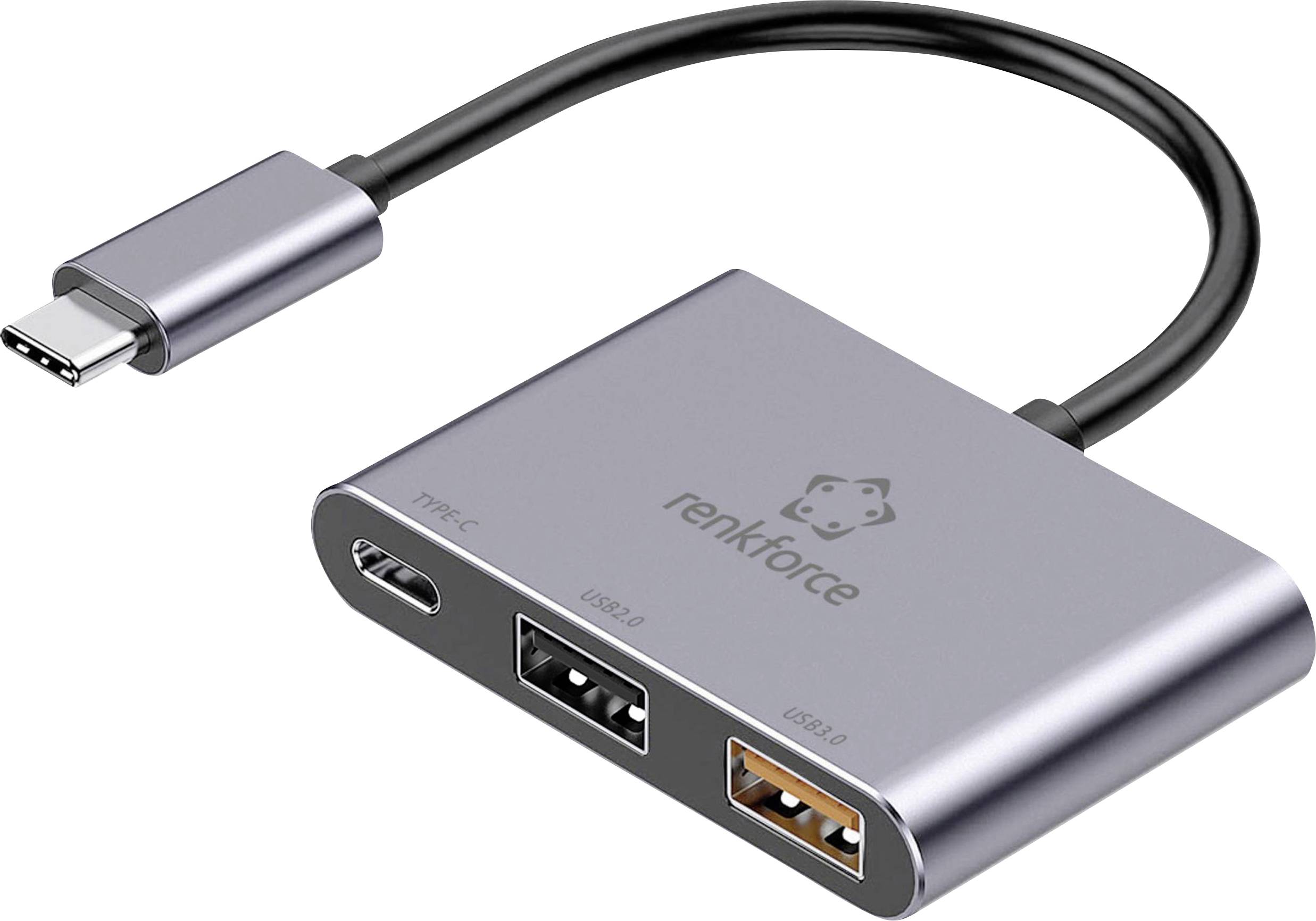 Hub USB-C avec trois ports : USB-C, USB 2.0 et USB 3.0. Marque 'Renkforce'. Boîtier argenté avec câble court.