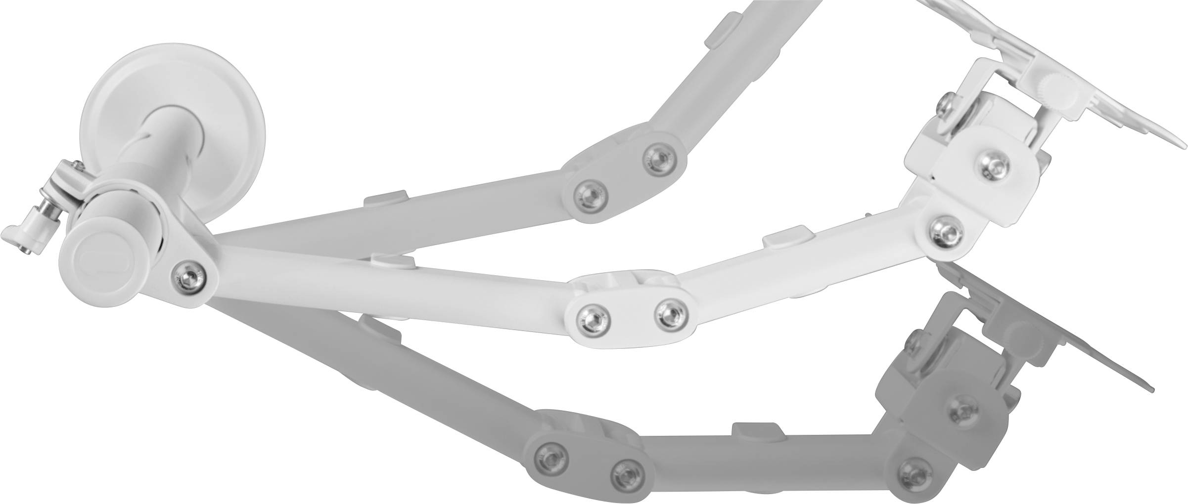 Support blanc, ajustable, à plusieurs articulations et ventouse. Idéal pour la fixation flexible d'appareils ou d'accessoires.