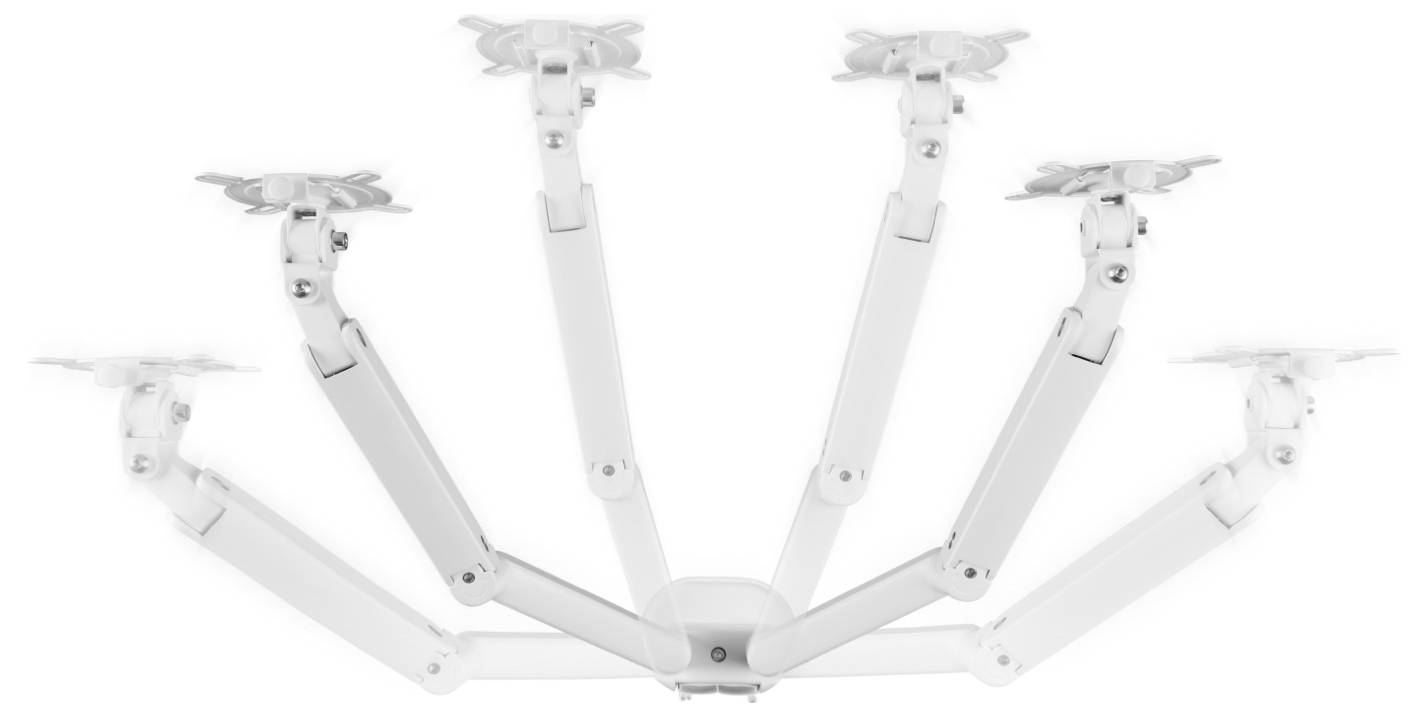 Bras articulé flexible à plusieurs articulations et pinces, déployé en éventail. Idéal pour un ajustement variable dans différentes positions.