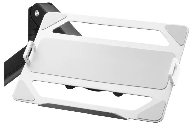 Un support pour ordinateur portable blanc avec un bras noir, permettant un positionnement ajustable.