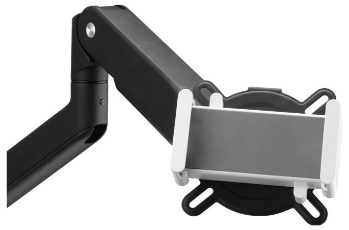 Un bras de moniteur noir et réglable avec support blanc illustre la possibilité de fixation d'un écran ou d'un appareil.
