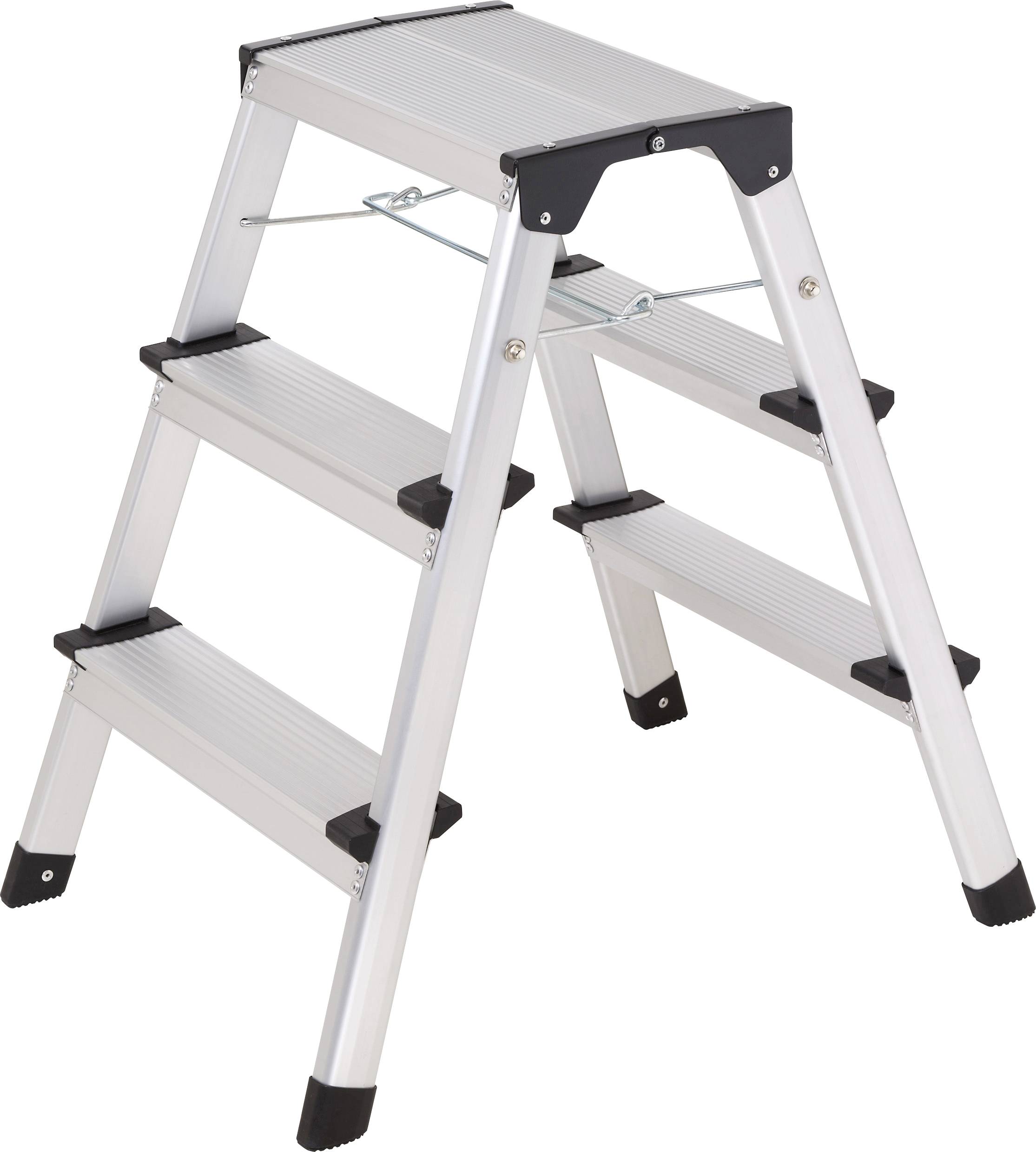 Une échelle pliante en aluminium avec trois marches de chaque côté, adaptée à une utilisation intérieure et aux travaux simples en hauteur.