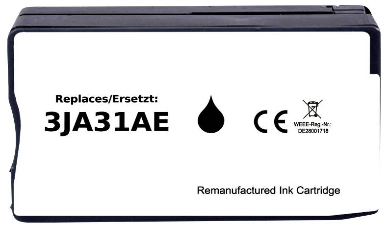 Cartouche d'encre reconditionné étiquetée 'Remplace/Ersetzt : 3JA31AE' avec les symboles de conformité CE et DEEE.