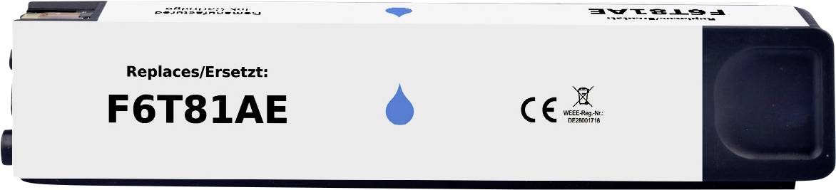 Cartouche d'encre étiquetée 'Remplace/Remplacé : F6T81AE', comportant une icône de goutte bleue et des symboles de certification.