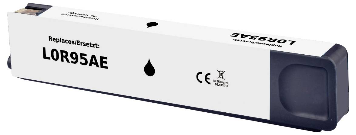 Cartouche d'encre d'imprimante de remplacement étiquetée « Replaces/Ersetzt : L0R95AE », avec un symbole de goutte noire.