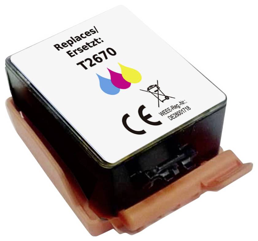 Cartouche d'encre étiquetée « Remplace Ersetzt : T2670 », présentant trois gouttes colorées, les symboles de recyclage et CE, avec un capuchon de protection orange.