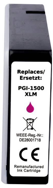 « Cartouche d'encre étiquetée PGI-1500 XLM, couleur magenta, avec informations de recyclage et marquage CE. »