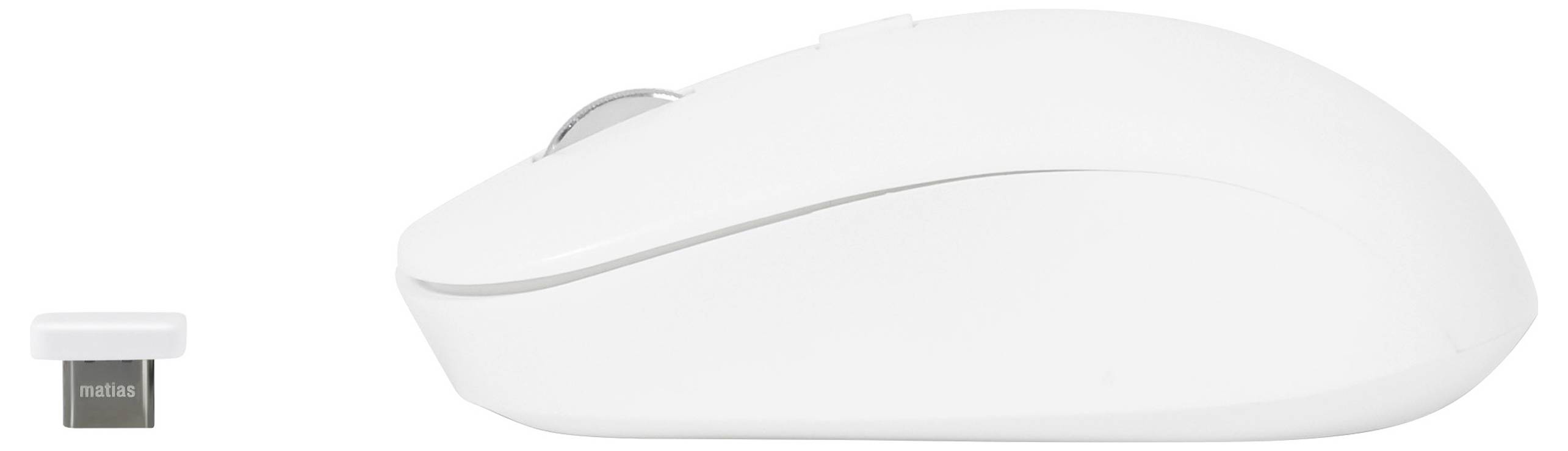 Souris d'ordinateur blanche avec récepteur USB ; vue latérale de la souris, lisse et sans fil. Idéale pour une utilisation avec des ordinateurs portables et des PC.