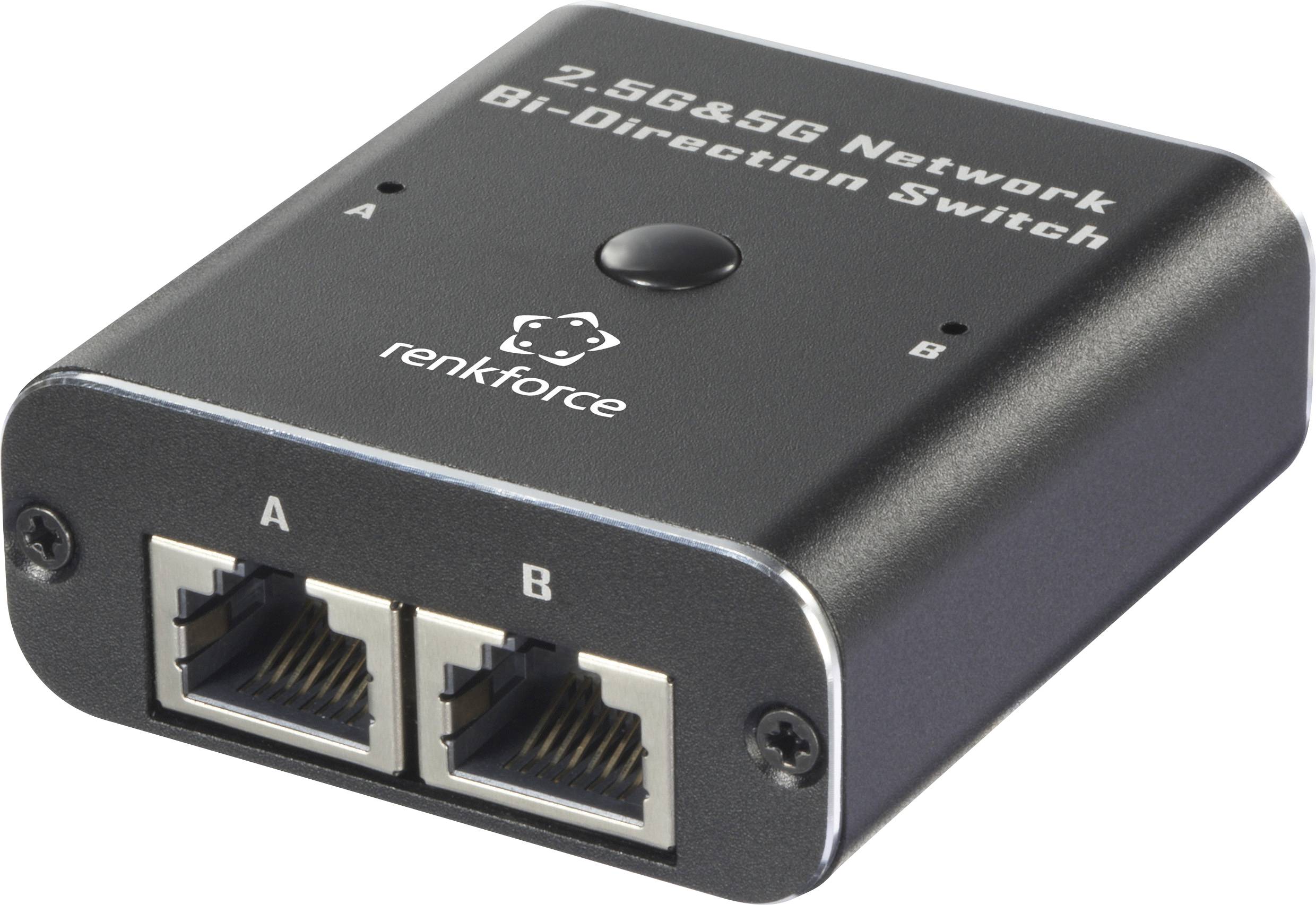 Un commutateur réseau noir rectangulaire avec deux ports Ethernet, portant les étiquettes 'A' et 'B'. Texte sur l'appareil : 'Commutateur bidirectionnel 2,5G et 5G'.