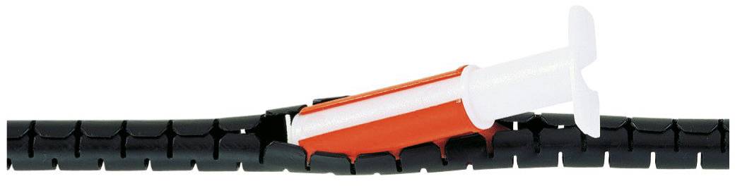 Une seringue est posée sur une gaine tressée noire. La seringue a un corps rouge et un capuchon blanc.