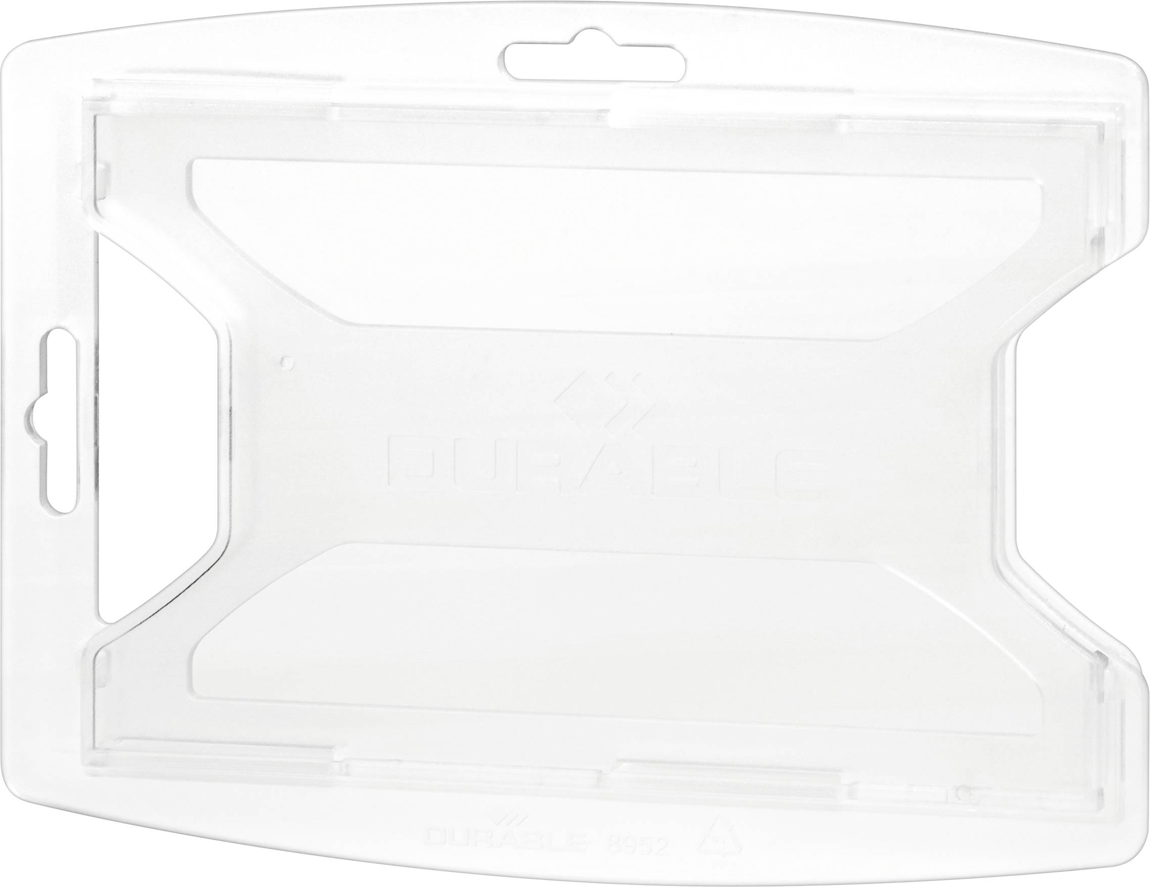 Porte-badge transparent en plastique de la marque Durable, adapté pour les cartes. Forme rectangulaire avec une fente pour les cordons.